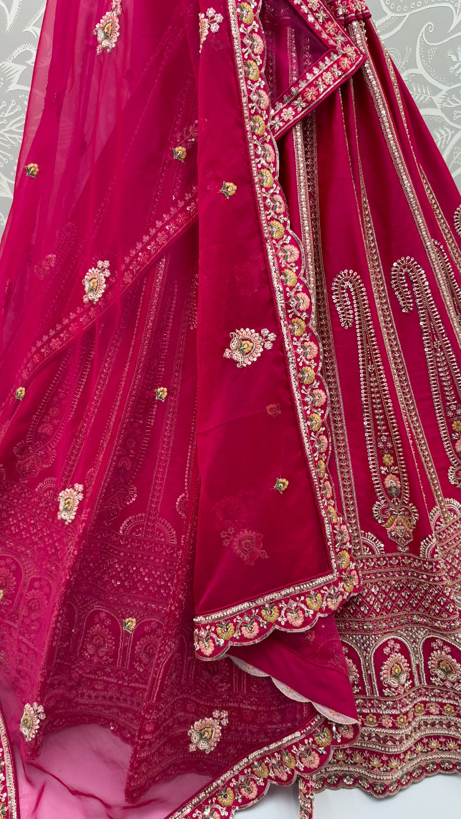 Rani-Pink Silk Floral Pattern using Beads, Golden Sequins-Thread Handwork Bridal Semi-Stitched Lehenga Choli